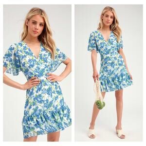 Lulus Glorious White and Light Blue Floral Print Ruffled Aline Mini Dress Small